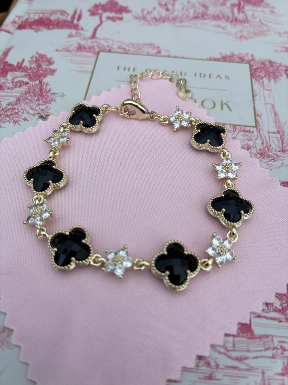 18k Gold filled Bracelet with Black Clover Stones and Clear Crystal Accents